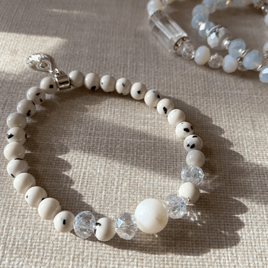 Playfulness & Innocence | DALMATIAN JASPER, MOONSTONE, QUARTZ, WHITE BUFFALO STONE